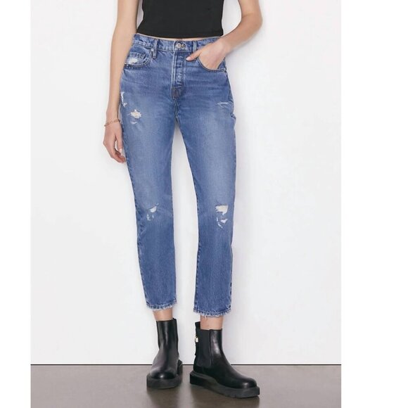 Frame Blue Denim Ankle Crop Distressed Button Fly 33 - Picture 1 of 10